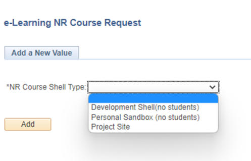 Screenshot of first step in requesting nr course